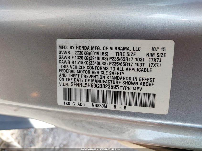 5FNRL5H69GB023695 2016 HONDA ODYSSEY photo no. 9