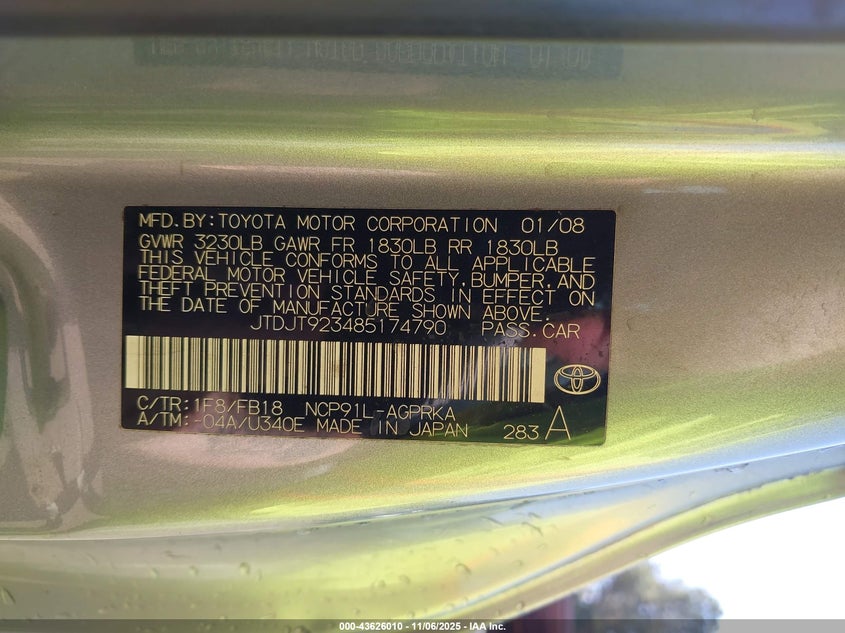 JTDJT923485174790 2008 TOYOTA YARIS photo no. 9