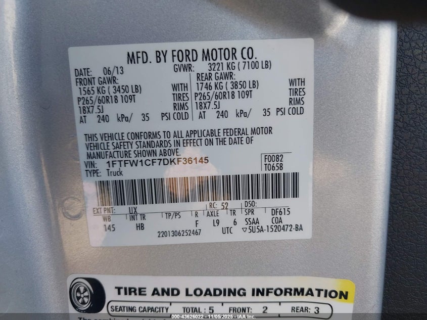 2013 FORD F-150 LARIAT 1FTFW1CF7DKF36145