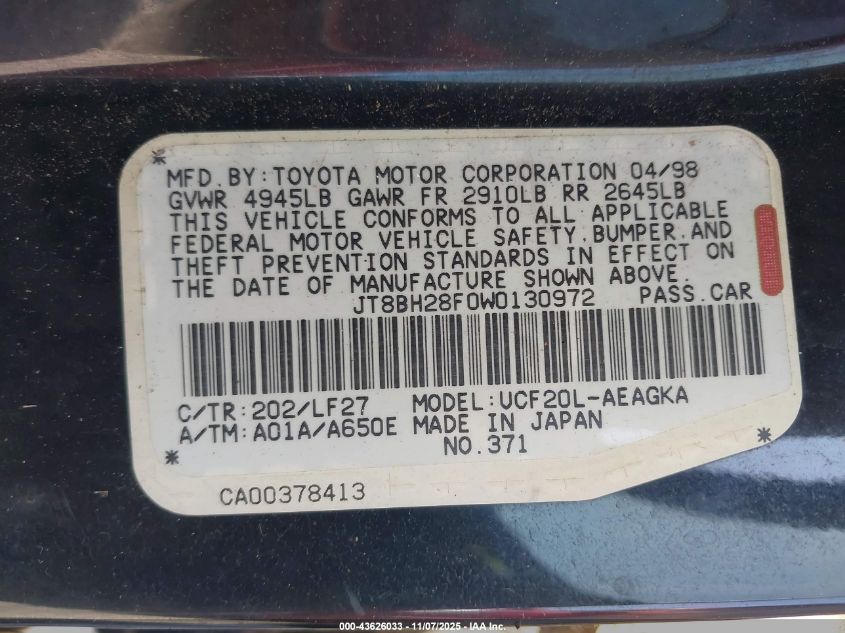 1998 Lexus Ls 400 VIN: JT8BH28F0W0130972 Lot: 43626033