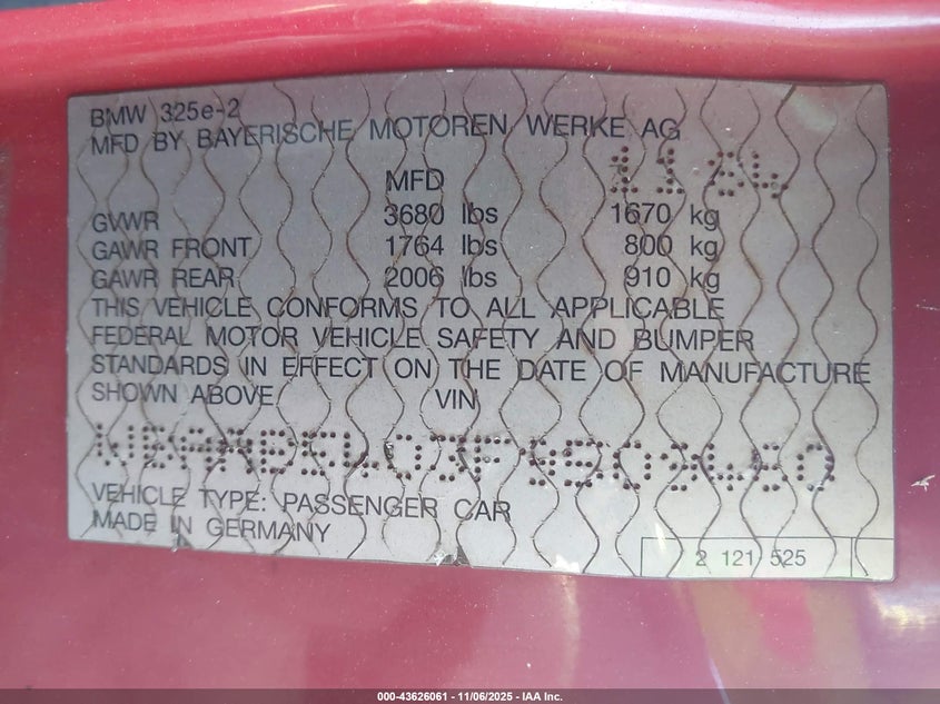 1985 BMW 325 E VIN: WBAAB5403F9509460 Lot: 43626061