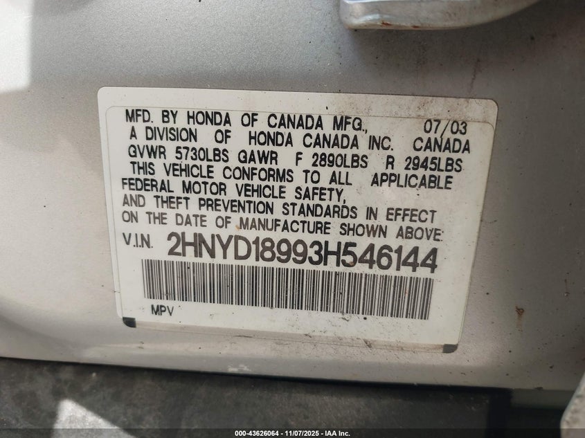 2003 Acura Mdx VIN: 2HNYD18993H546144 Lot: 43626064