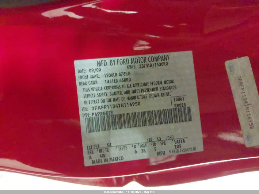 2001 Ford Escort Zx2 VIN: 3FAFP11341R116958 Lot: 43626066
