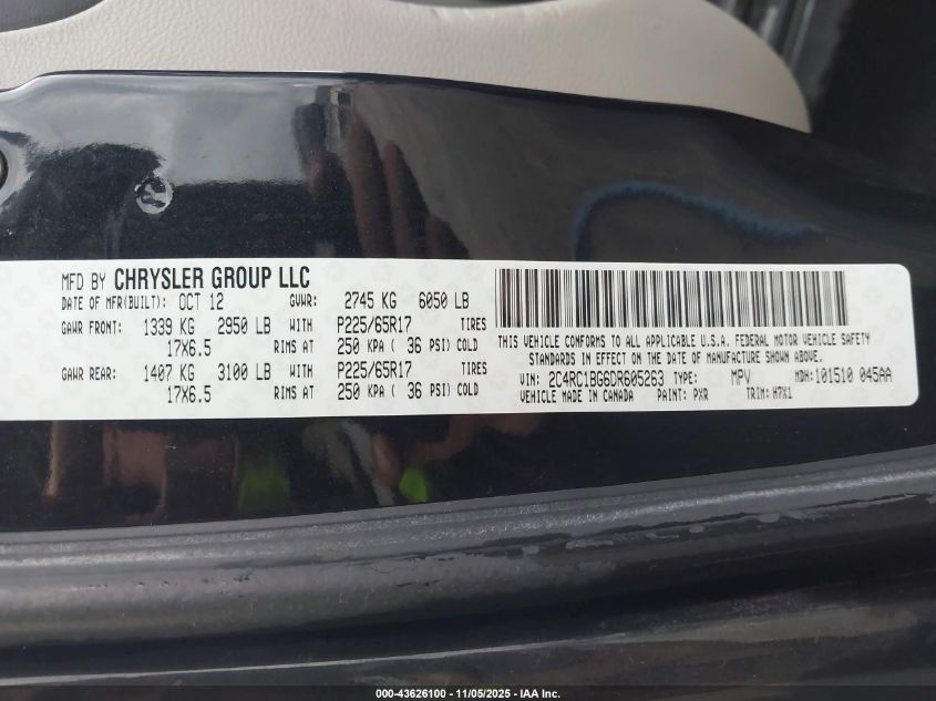 2013 Chrysler Town & Country Touring VIN: 2C4RC1BG6DR605263 Lot: 43626100