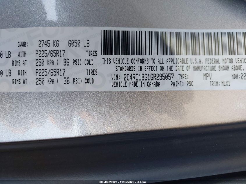 2016 Chrysler Town & Country Touring VIN: 2C4RC1BG1GR295057 Lot: 43626127