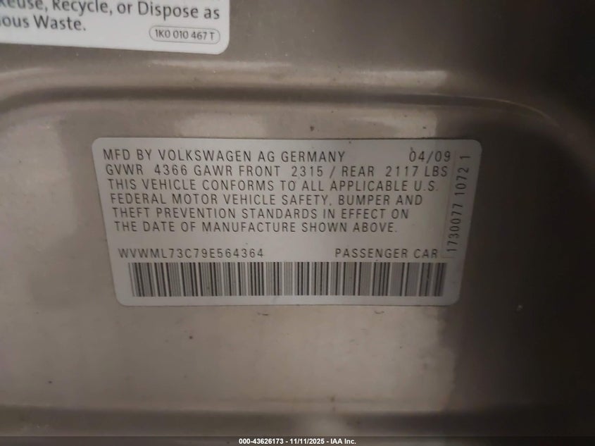 2009 Volkswagen Cc Sport VIN: WVWML73C79E564364 Lot: 43626173