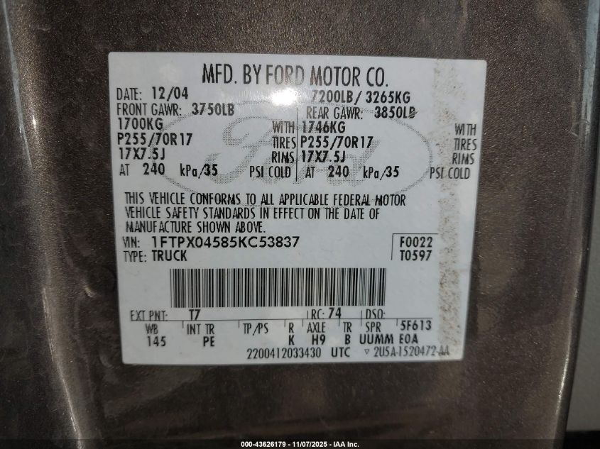 2005 Ford F-150 Fx4/Xlt VIN: 1FTPX04585KC53837 Lot: 43626179