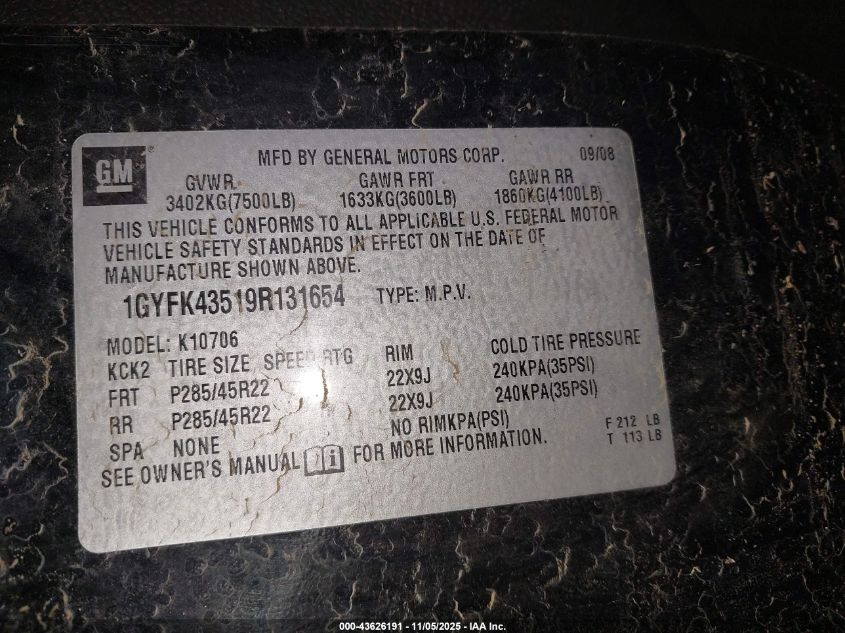 2009 Cadillac Escalade Hybrid Standard VIN: 1GYFK43519R131654 Lot: 43626191