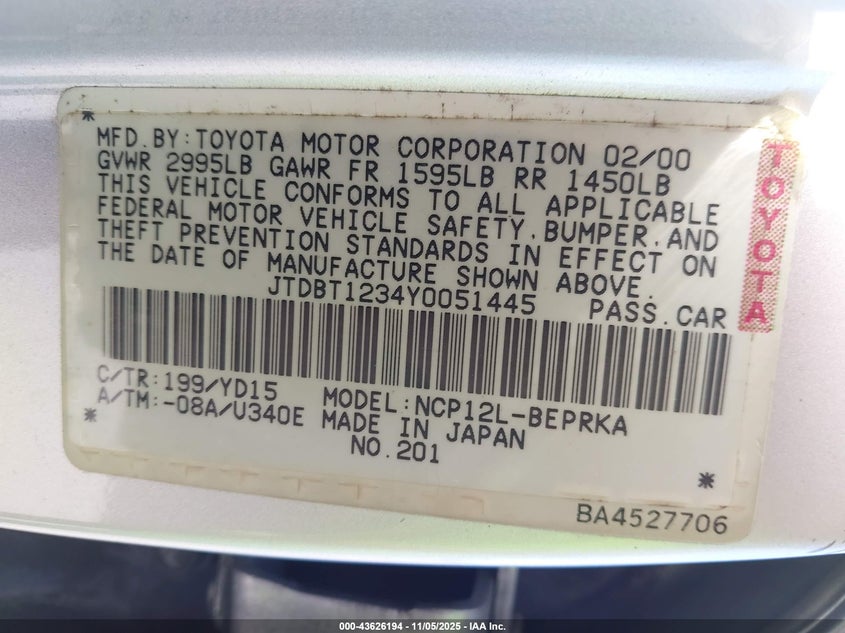 2000 Toyota Echo VIN: JTDBT1234Y0051445 Lot: 43626194