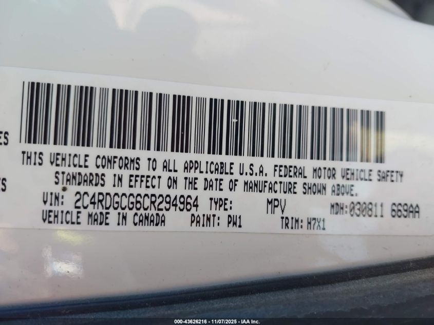 2012 Dodge Grand Caravan Sxt VIN: 2C4RDGCG6CR294964 Lot: 43626216