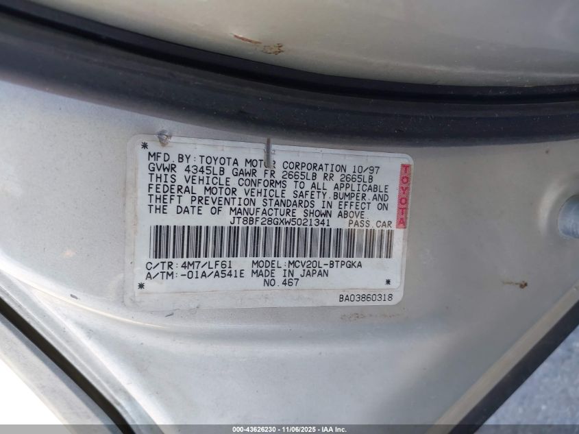 1998 Lexus Es 300 VIN: JT8BF28GXW5021341 Lot: 43626230