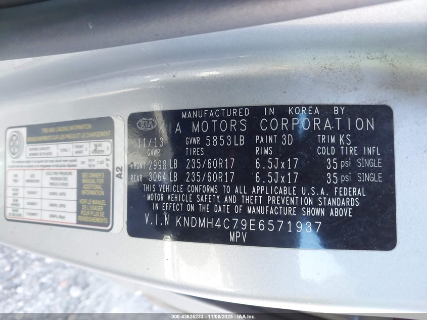 2014 KIA SEDONA EX KNDMH4C79E6571937