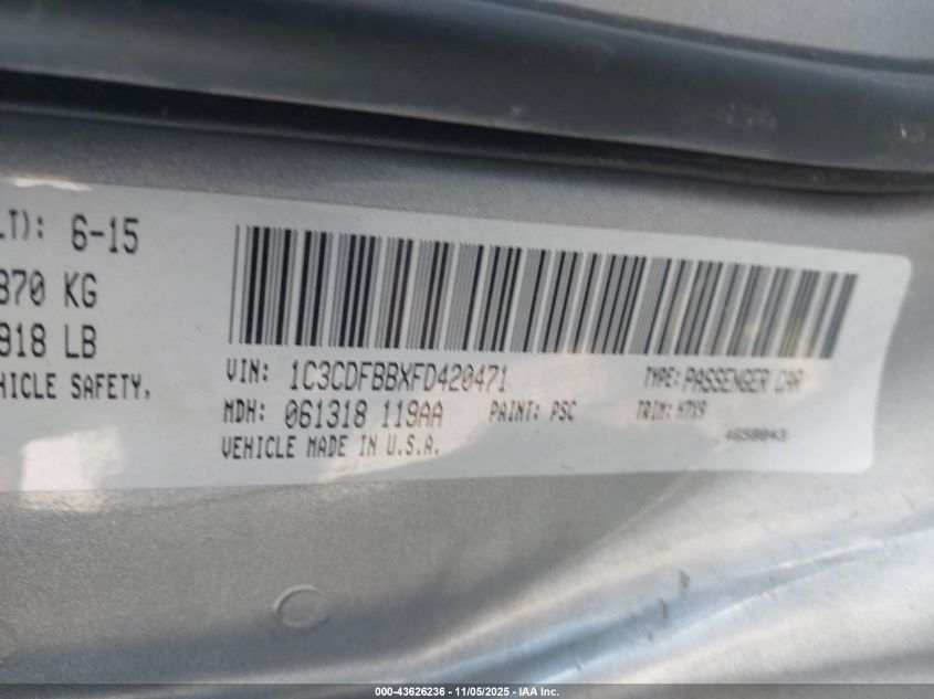 2015 Dodge Dart Sxt VIN: 1C3CDFBBXFD420471 Lot: 43626236