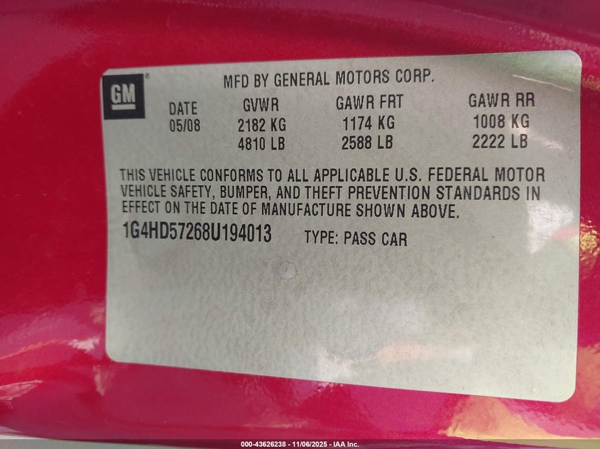 2008 Buick Lucerne Cxl VIN: 1G4HD57268U194013 Lot: 43626238