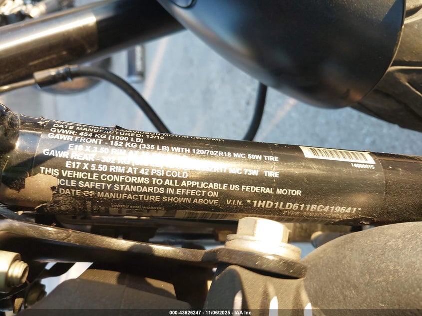 2011 Harley-Davidson Xr1200 X VIN: 1HD1LD611BC419641 Lot: 43626247