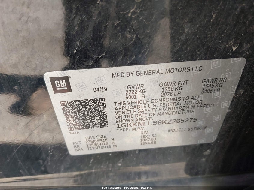 2019 GMC ACADIA SLE-2 - 1GKKNLLS8KZ265275