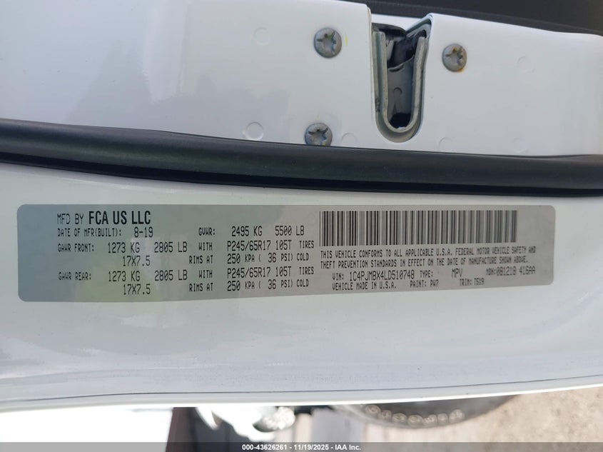 2020 Jeep Cherokee Trailhawk 4X4 VIN: 1C4PJMBX4LD510748 Lot: 43626261