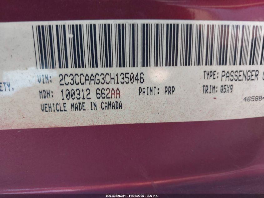 2012 Chrysler 300 VIN: 2C3CCAAG3CH135046 Lot: 43626281