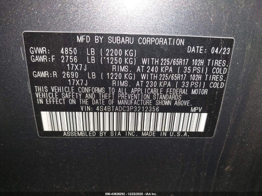 2023 Subaru Outback Premium VIN: 4S4BTADC3P3212356 Lot: 43626292