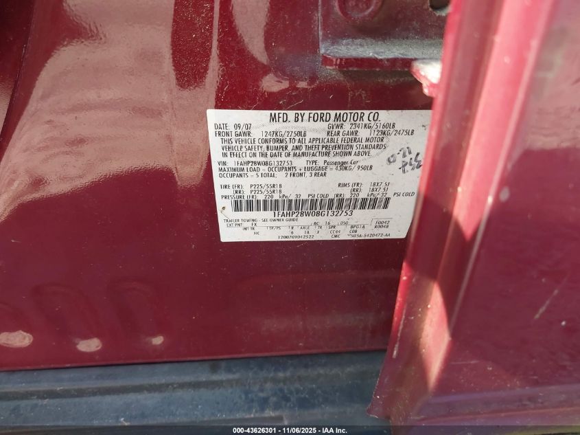 2008 Ford Taurus Limited VIN: 1FAHP28W08G132753 Lot: 43626301