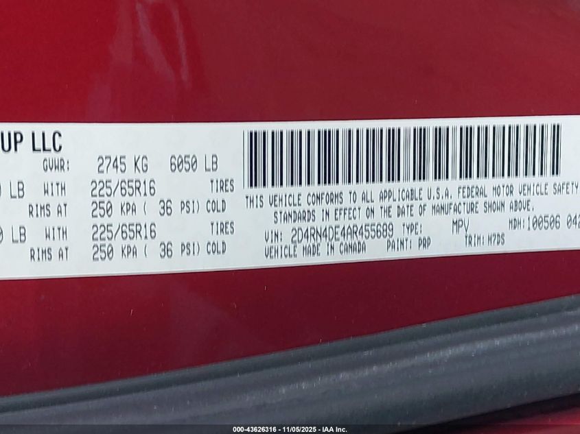 2010 Dodge Grand Caravan Se VIN: 2D4RN4DE4AR455689 Lot: 43626316