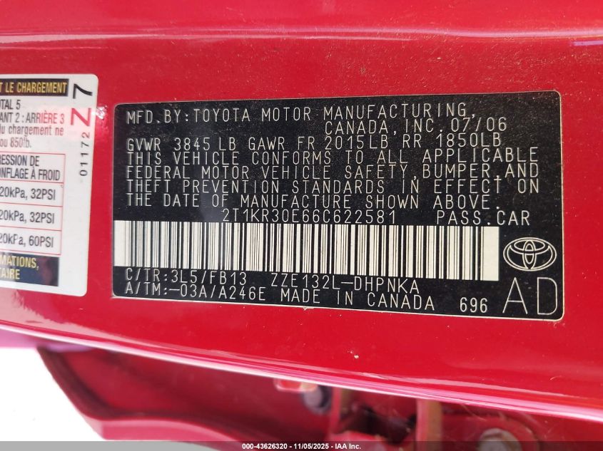 2006 Toyota Matrix Xr VIN: 2T1KR30E66C622581 Lot: 43626320