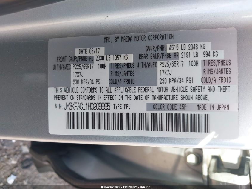 2017 Mazda Cx-5 Touring VIN: JM3KFACL1H0209995 Lot: 43626322