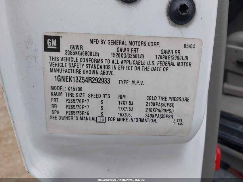 2004 Chevrolet Tahoe Z71 VIN: 1GNEK13Z54R292933 Lot: 43626323