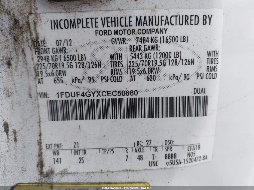 2012 Ford F-450 Chassis Xl VIN: 1FDUF4GYXCEC50660 Lot: 43626338