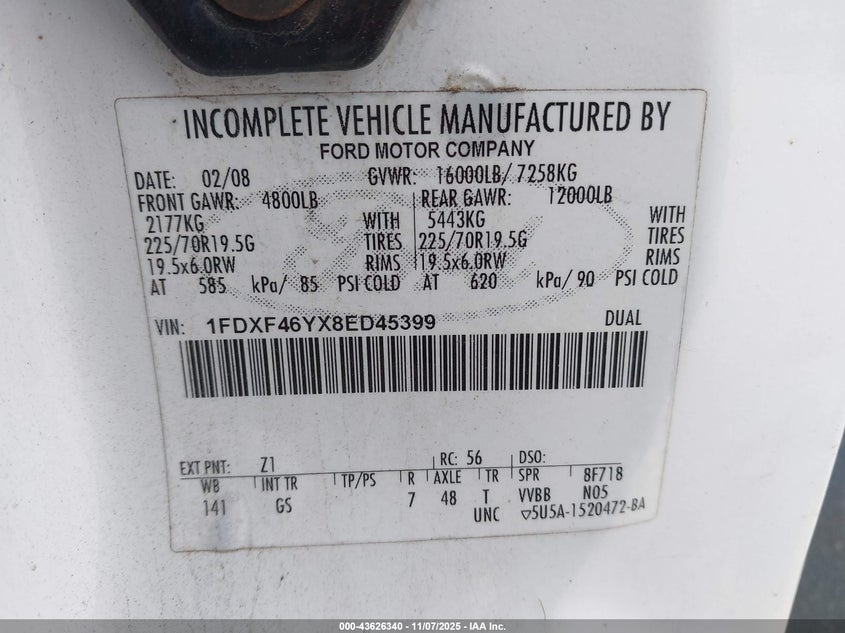 2008 Ford F-450 Chassis Xl/Xlt VIN: 1FDXF46YX8ED45399 Lot: 43626340