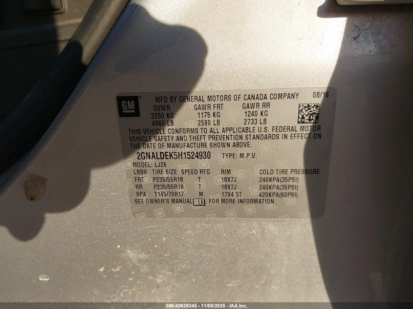 2017 CHEVROLET EQUINOX PREMIER 2GNALDEK5H1524930