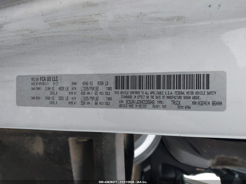 2017 Ram Promaster 3500 Cargo Van High Roof 159 Wb Ext VIN: 3C6URVJG3HE535642 Lot: 43626377