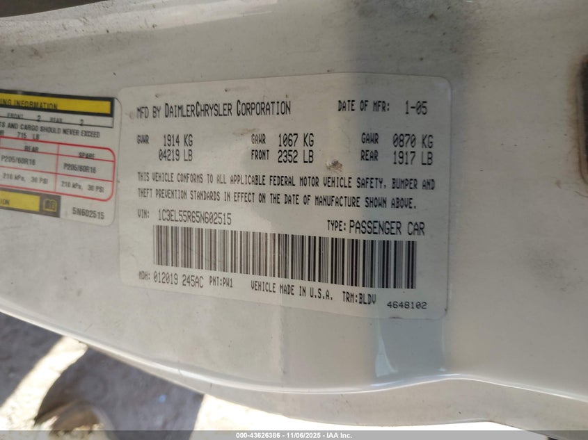 2005 Chrysler Sebring Touring VIN: 1C3EL55R65N602515 Lot: 43626386