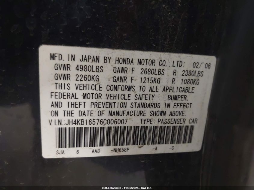 2006 Acura Rl 3.5 VIN: JH4KB16576C006007 Lot: 43626398