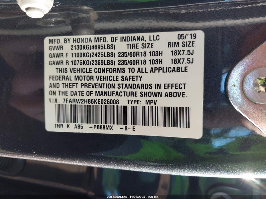 2019 HONDA CR-V EX-L - 7FARW2H86KE026008