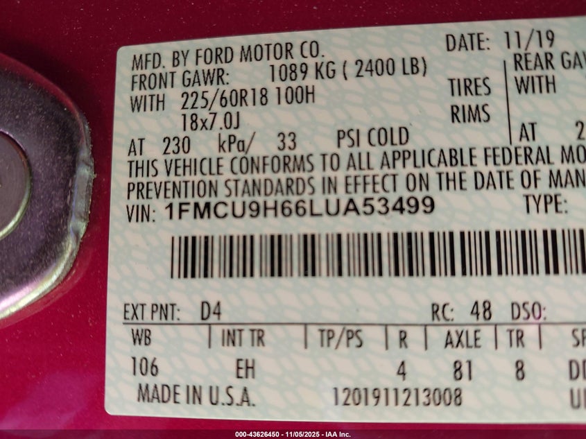 2020 FORD ESCAPE SEL 1FMCU9H66LUA53499