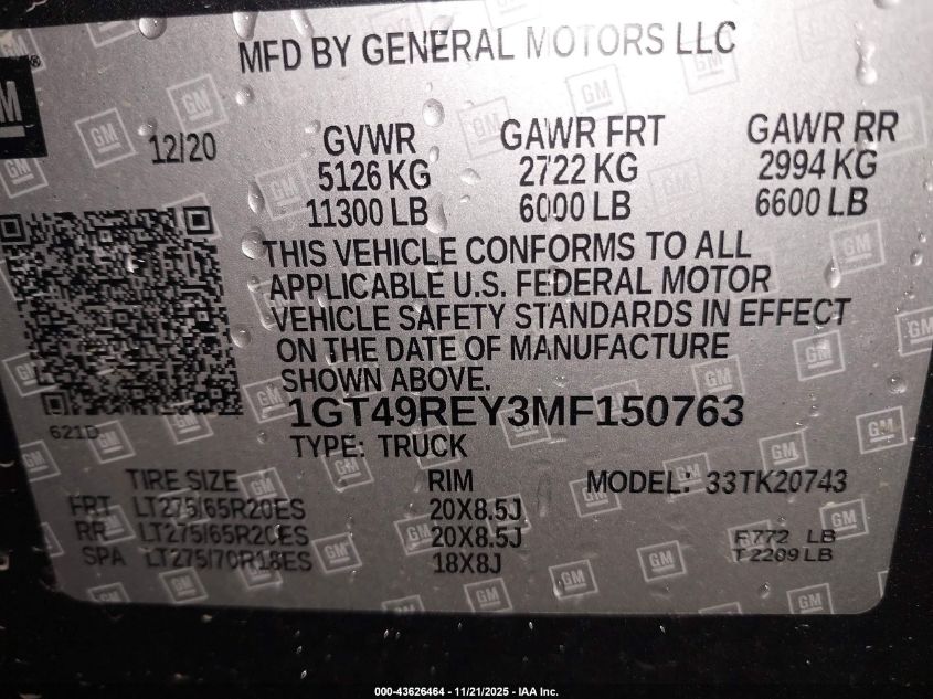 2021 GMC Sierra 2500Hd VIN: 1GT49REY3MF150763 Lot: 43626464