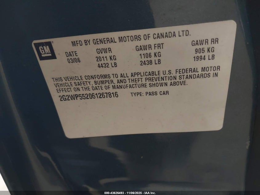 2006 Pontiac Grand Prix VIN: 2G2WP552061267816 Lot: 43626493