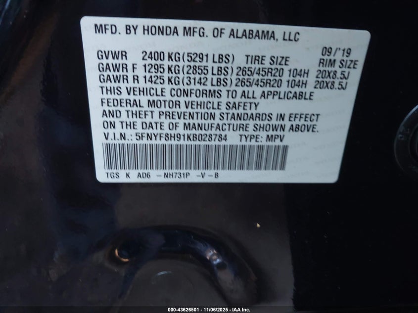 2019 HONDA PASSPORT TOURING 5FNYF8H91KB028784