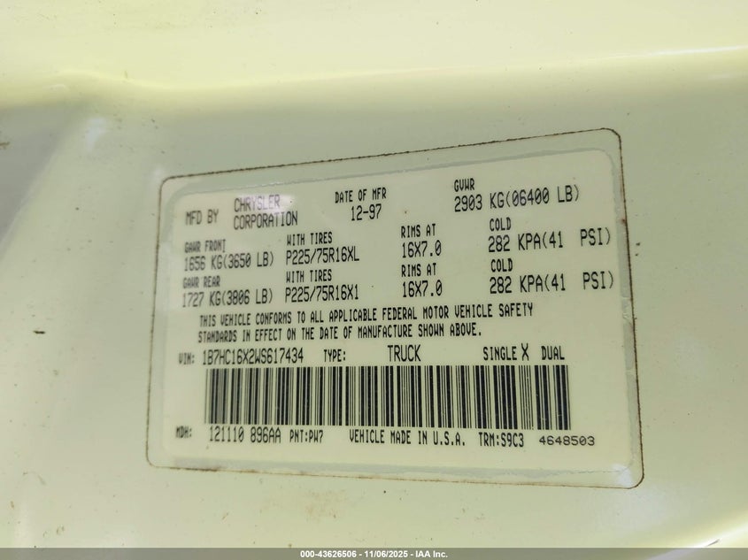 1998 Dodge Ram 1500 St/Ws VIN: 1B7HC16X2WS617434 Lot: 43626506