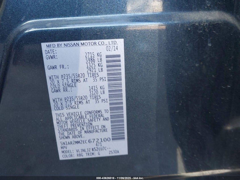 2014 NISSAN PATHFINDER PLATINUM 5N1AR2MM2EC672100