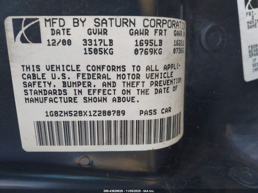 2001 Saturn Sl1 VIN: 1G8ZH528X1Z280789 Lot: 43626526