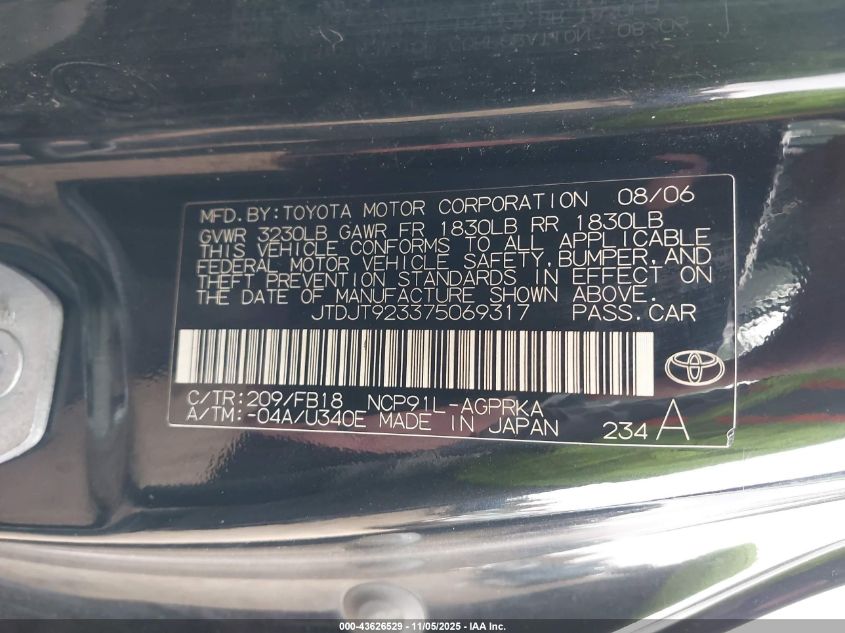 2007 Toyota Yaris VIN: JTDJT923375069317 Lot: 43626529