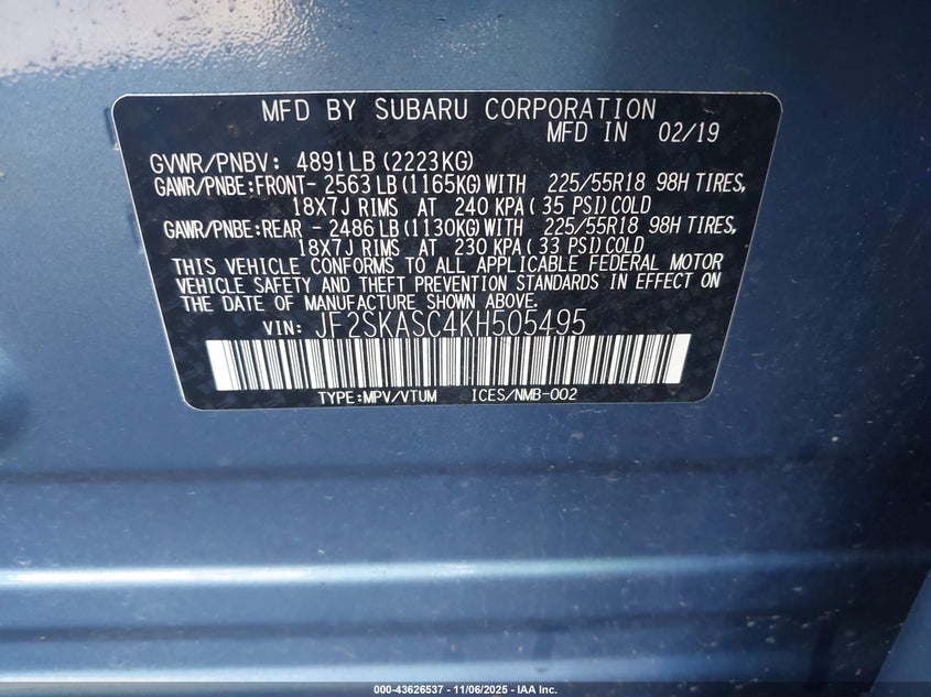 2019 SUBARU FORESTER LIMITED - JF2SKASC4KH505495