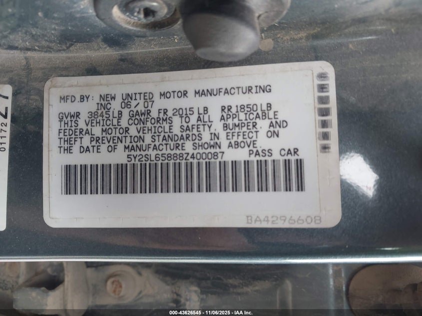 2008 Pontiac Vibe VIN: 5Y2SL65888Z400087 Lot: 43626545