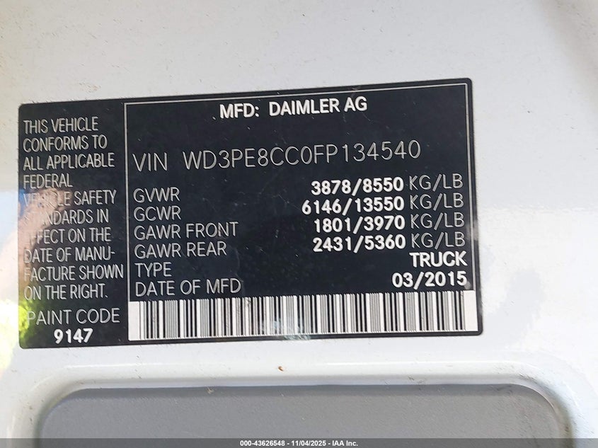 2015 MERCEDES-BENZ SPRINTER 2500 HIGH ROOF WD3PE8CC0FP134540