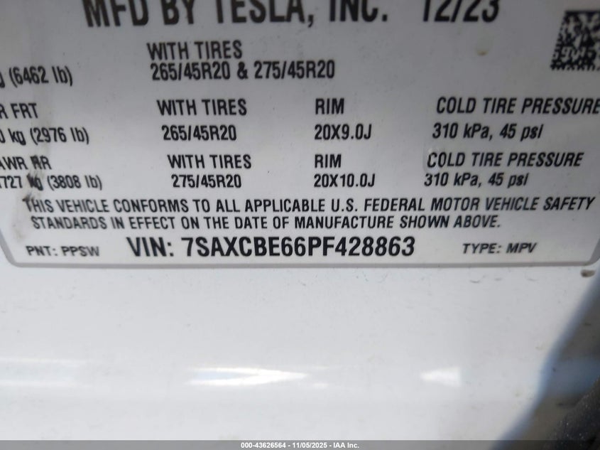 2023 Tesla Model X Plaid Tri Motor All-Wheel Drive VIN: 7SAXCBE66PF428863 Lot: 43626564