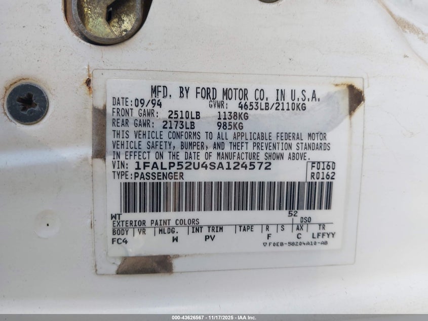 1995 Ford Taurus Gl/Se VIN: 1FALP52U4SA124572 Lot: 43626567
