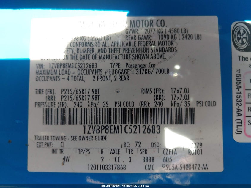 2012 Ford Mustang V6 Premium VIN: 1ZVBP8EM1C5212683 Lot: 43626569