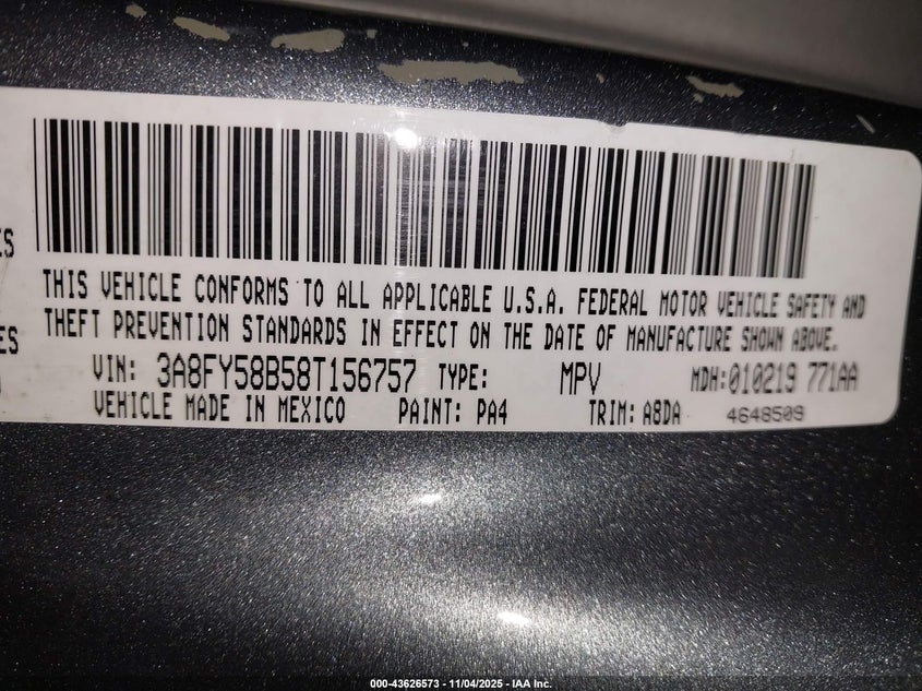 2008 Chrysler Pt Cruiser Touring VIN: 3A8FY58B58T156757 Lot: 43626573